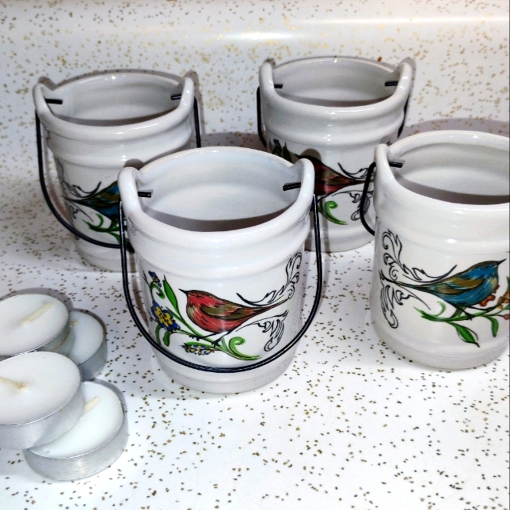 Set of 4 bird hanging candle holders with candles